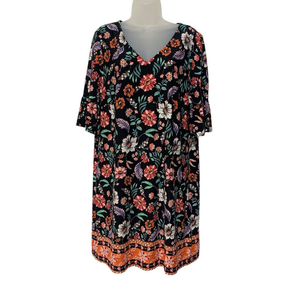 Laundry Shelli Segal Black Floral Bell Sleeve V- Neck Shift Dress Size 14